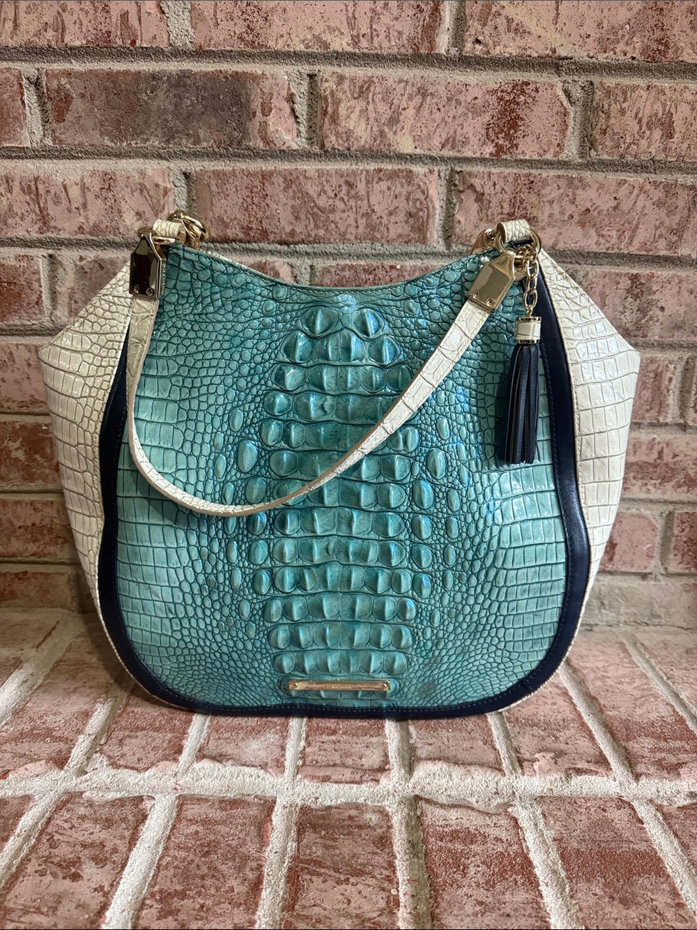Brahmin Amira Teal/Cream Croc-Embossed Hobo Tote handbag